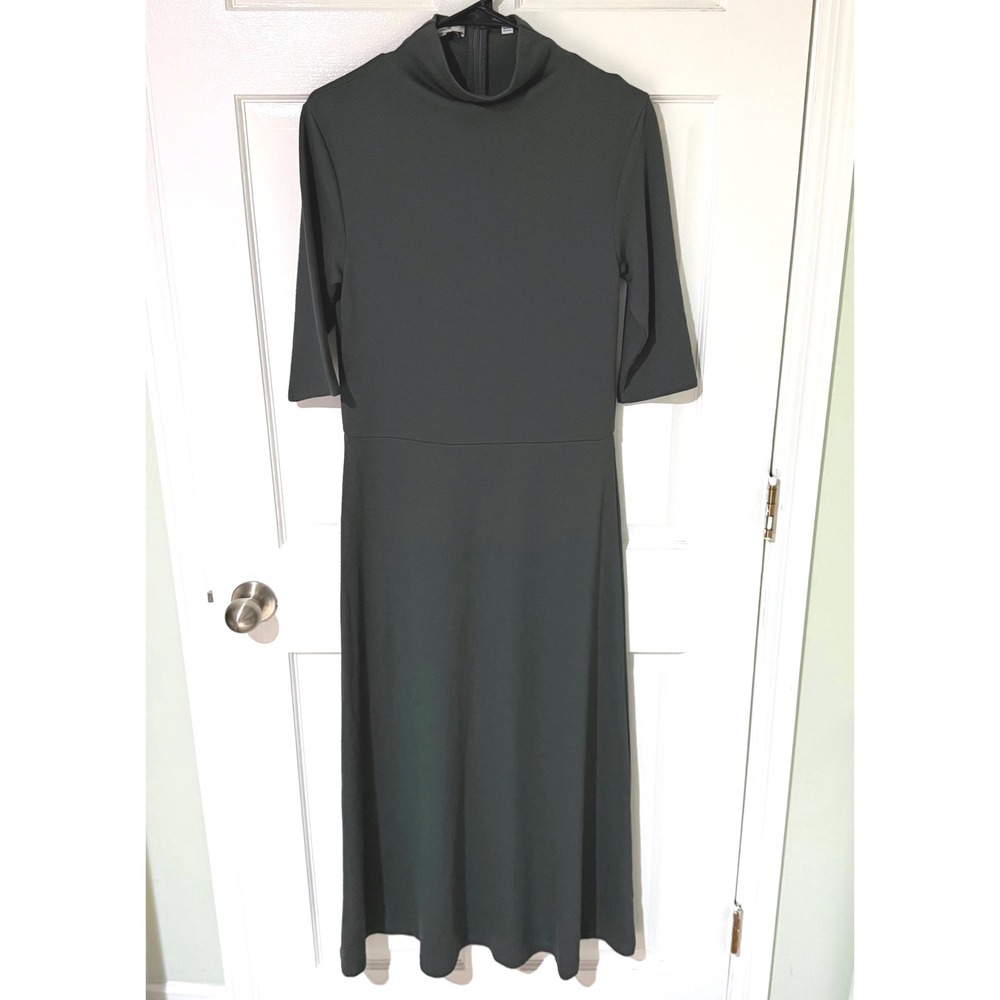 Vince Mock Neck Midi Dress Dark Green Elbow Sleeve Ribbed Stretch Size M